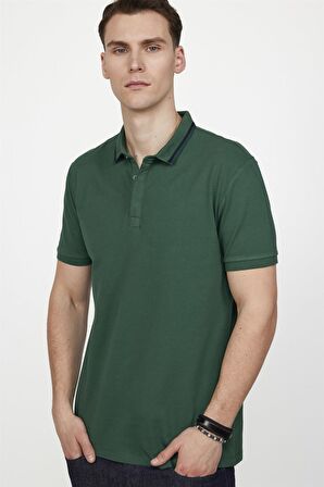 Tudors Erkek Spor Polo Yaka Slim Fit Pamuk Gizli Düğme Yeşil Tişört