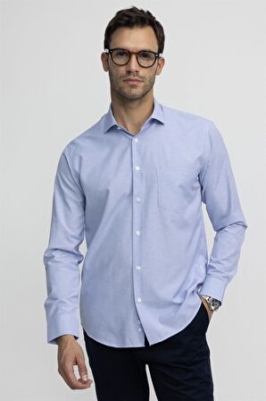 Tudors Klasik Fit Rahat Kalıp İnce Çizgili Pamuklu Kravatlık Yaka Erkek Mavi Gömlek