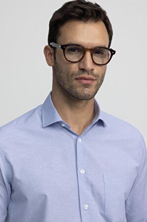 Tudors Klasik Fit Rahat Kalıp İnce Çizgili Pamuklu Kravatlık Yaka Erkek Mavi Gömlek