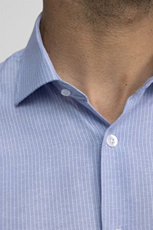 Tudors Klasik Fit Rahat Kalıp İnce Çizgili Pamuklu Kravatlık Yaka Erkek Mavi Gömlek