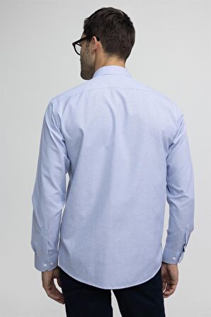 Tudors Klasik Fit Rahat Kalıp İnce Çizgili Pamuklu Kravatlık Yaka Erkek Mavi Gömlek
