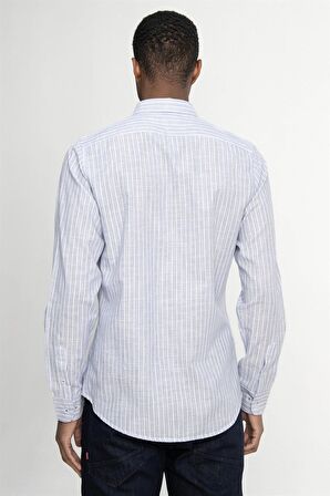 Tudors Slim Fit Uzun Kol Çizgili Keten Düğmeli Yaka Spor Erkek Mavi Gömlek