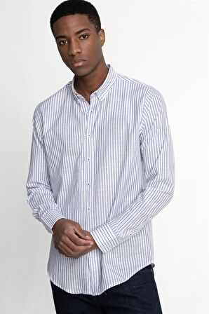 Slim Fit Şeritli Uzun Kol Keten Genco Gömlek - TUDORS