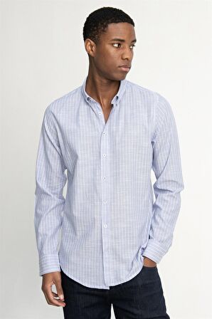 Tudors Slim Fit Uzun Kol Çizgili Keten Düğmeli Yaka Spor Erkek Mavi Gömlek