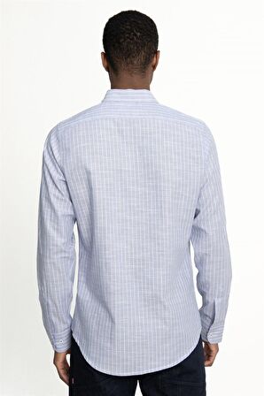 Tudors Slim Fit Uzun Kol Çizgili Keten Düğmeli Yaka Spor Erkek Mavi Gömlek