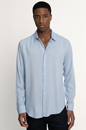 Tudors Slim Fit Dar Kesim Uzun Kol Dökümlü Viskon Erkek Mavi Gömlek