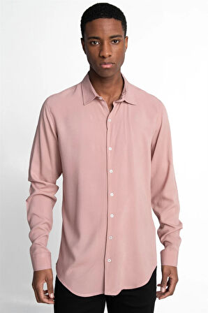 Slim Fit Uzun Kollu Dar Kesim Dökümlü Viskon Şık Erkek Pembe Gömlek