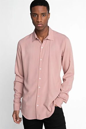 Slim Fit Uzun Kollu Dar Kesim Dökümlü Viskon Şık Erkek Pembe Gömlek