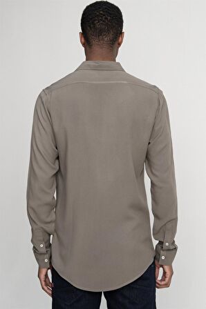 Tudors Slim Fit Dar Kesim Uzun Kol Dökümlü Viskon Şık Erkek Haki Gömlek
