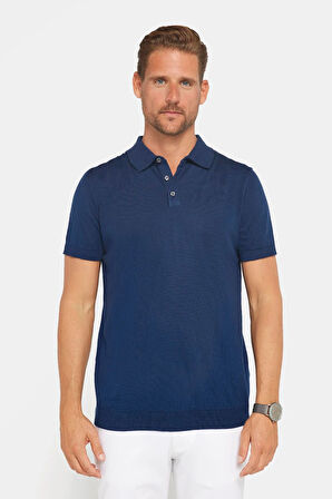 Erkek Slim Fit Dar Kesim Pamuklu Örme Triko Lacivert Polo Yaka Tişört