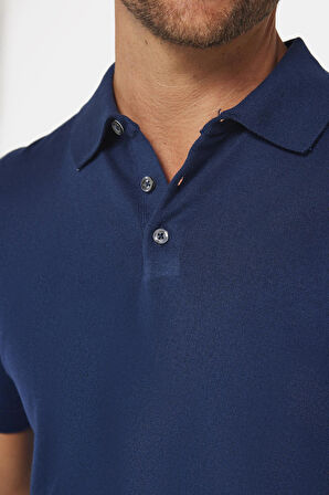 Erkek Slim Fit Dar Kesim Pamuklu Örme Triko Lacivert Polo Yaka Tişört