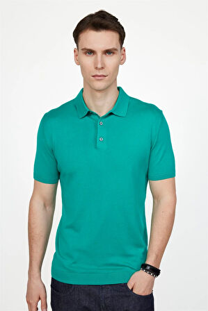 Erkek Slim Fit Dar Kesim Pamuklu Örme Triko Yeşil Polo Yaka Tişört