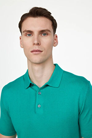 Erkek Slim Fit Dar Kesim Pamuklu Örme Triko Yeşil Polo Yaka Tişört