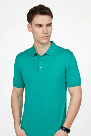 Erkek Slim Fit Dar Kesim Pamuklu Örme Triko Yeşil Polo Yaka Tişört