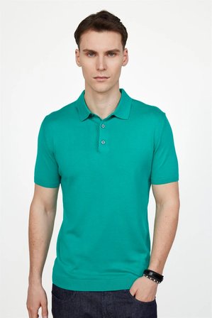 Erkek Slim Fit Dar Kesim Pamuklu Örme Triko Yeşil Polo Yaka Tişört