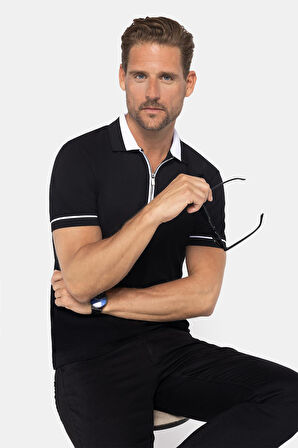 Erkek Slim Fit Dar Kesim %100 Pamuk Düz Pike Fermuarlı Siyah Polo Yaka Tişört