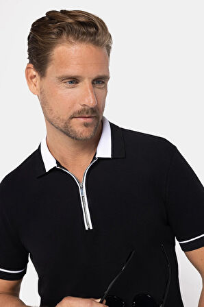 Erkek Slim Fit Dar Kesim %100 Pamuk Düz Pike Fermuarlı Siyah Polo Yaka Tişört