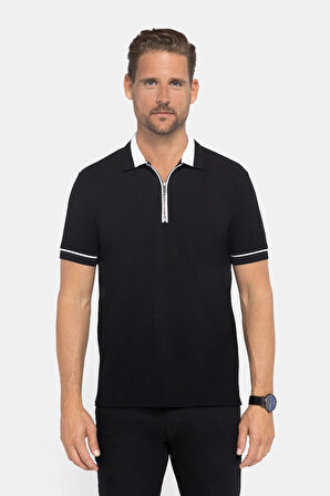 Erkek Slim Fit Dar Kesim %100 Pamuk Düz Pike Fermuarlı Siyah Polo Yaka Tişört