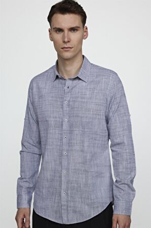 Tudors Slim Fit Uzun Kol Apoletli Keten Düz Erkek Lacivert Gömlek