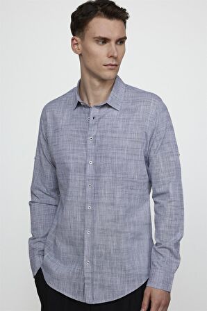Tudors Slim Fit Uzun Kol Apoletli Keten Düz Erkek Lacivert Gömlek