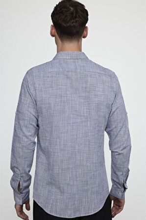 Tudors Slim Fit Uzun Kol Apoletli Keten Düz Erkek Lacivert Gömlek