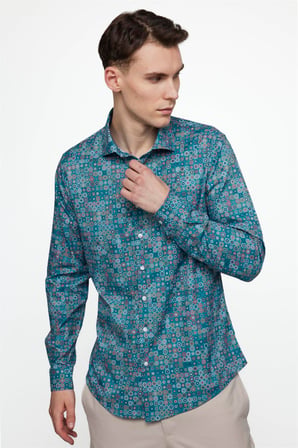 Tudors Slim Fit Dar Kesim Uzun Kol Likralı Baskılı Yüksek Yaka Erkek Gömlek