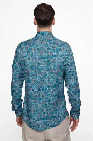 Tudors Slim Fit Dar Kesim Uzun Kol Likralı Baskılı Yüksek Yaka Erkek Gömlek
