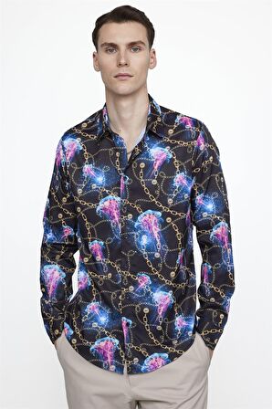 Tudors Slim Fit Dar Kesim Uzun Kol Likralı Baskılı Erkek Çok Renkli Gömlek