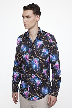 Tudors Slim Fit Dar Kesim Uzun Kol Likralı Baskılı Erkek Çok Renkli Gömlek