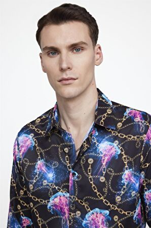 Tudors Slim Fit Dar Kesim Uzun Kol Likralı Baskılı Erkek Çok Renkli Gömlek