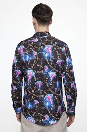 Tudors Slim Fit Dar Kesim Uzun Kol Likralı Baskılı Erkek Çok Renkli Gömlek