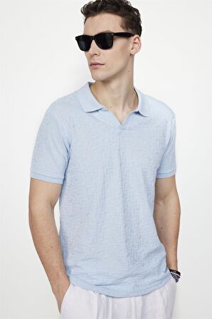 Tudors Erkek Polo V Yaka Slim Fit Düğmesiz Örme Pamuklu Mavi Tişört