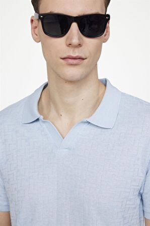Tudors Erkek Polo V Yaka Slim Fit Düğmesiz Örme Pamuklu Mavi Tişört