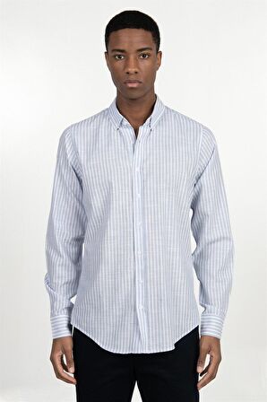 Slim Fit Uzun Kol Şeritli Keten Genco Gömlek - TUDORS