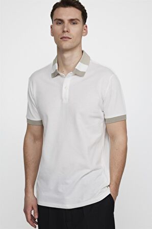 Tudors Erkek Polo Yaka Slim Fit Parçalı Pamuk Pike Beyaz Tişört