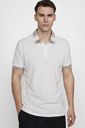 Tudors Erkek Polo Yaka Slim Fit Parçalı Pamuk Pike Beyaz Tişört