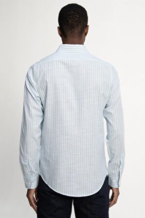 Slim Fit Uzun Kol Çizgili Keten Düğmeli Yaka Spor Erkek Gömlek