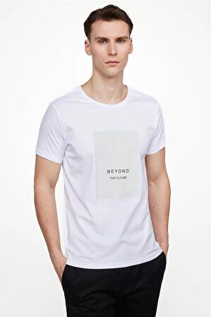 Erkek Slim Fit Dar Kesim %100 Pamuk Yumuşak Dokulu Baskılı Beyaz Bisiklet Yaka Tişört