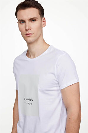 Erkek Slim Fit Dar Kesim %100 Pamuk Yumuşak Dokulu Baskılı Beyaz Bisiklet Yaka Tişört