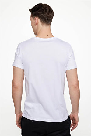 Erkek Slim Fit Dar Kesim %100 Pamuk Yumuşak Dokulu Baskılı Beyaz Bisiklet Yaka Tişört