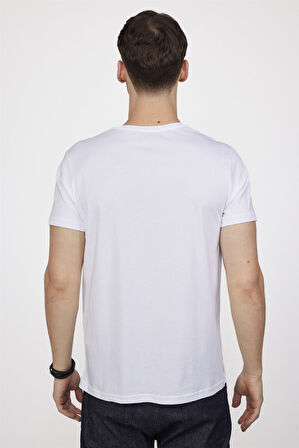 Erkek Slim Fit Dar Kesim %100 Pamuk Yumuşak Dokulu Baskılı Beyaz Bisiklet Yaka Tişört