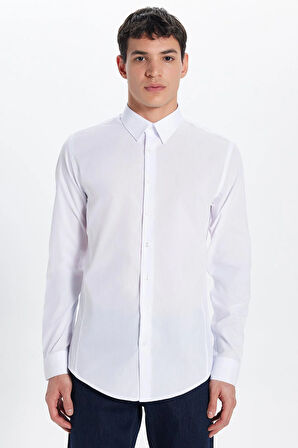 Erkek Slim Fit Dar Kesim Düz Beyaz Gömlek