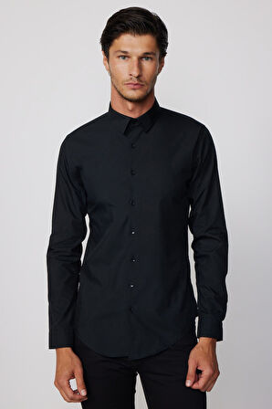 Erkek Slim Fit Dar Kesim Düz Siyah Gömlek