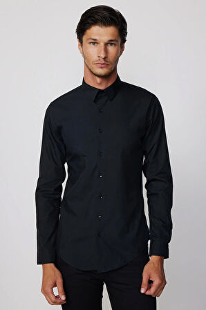 Erkek Slim Fit Dar Kesim Düz Siyah Gömlek