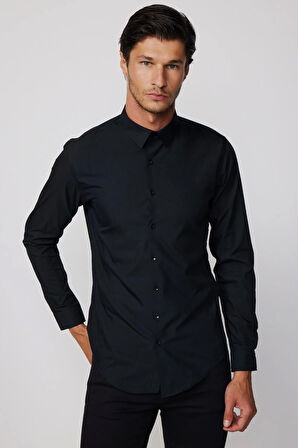 Erkek Slim Fit Dar Kesim Düz Siyah Gömlek
