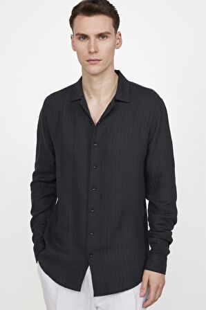 Tudors Slim Fit Uzun Kol Desenli Müslim Kumaş Apaj Yaka Siyah Gömlek