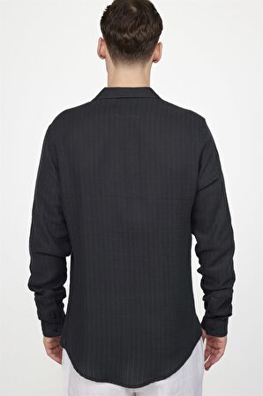 Tudors Slim Fit Uzun Kol Desenli Müslim Kumaş Apaj Yaka Siyah Gömlek