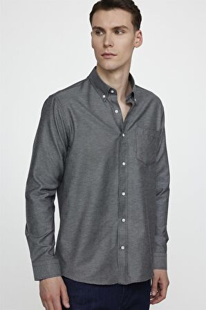 Tudors Klasik Fit Uzun Kol Düz Yaka Düğmeli Cepli Erkek Gri Gömlek