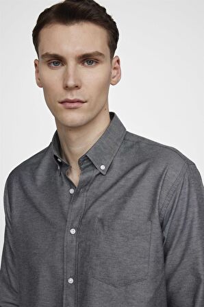 Tudors Klasik Fit Uzun Kol Düz Yaka Düğmeli Cepli Erkek Gri Gömlek