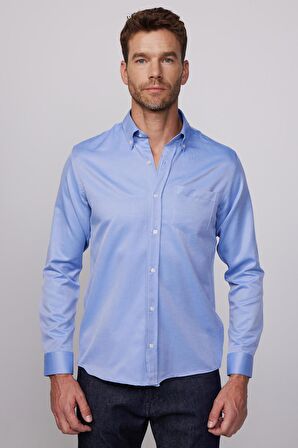 Klasik Fit Uzun Kol Düz Yaka Düğmeli Cepli Mavi Erkek Gömlek